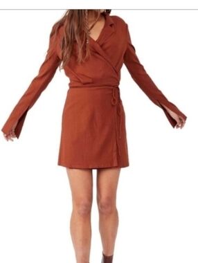 NEW Free People Helena Wrap Mini Dress Rust Tie Waist Boho M